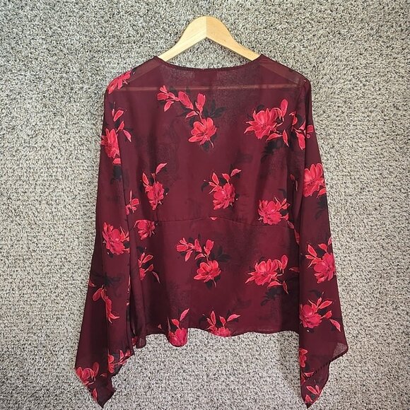 Lane Bryant Top Womens Plus 20 Burgundy Floral Print Sheer Blouse V Neck Ladies - Picture 7 of 7